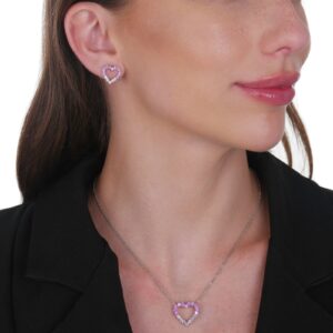 Conjunto Prateado de Coração Vazado Cravejado de Zircônia Rosa Dois Tons